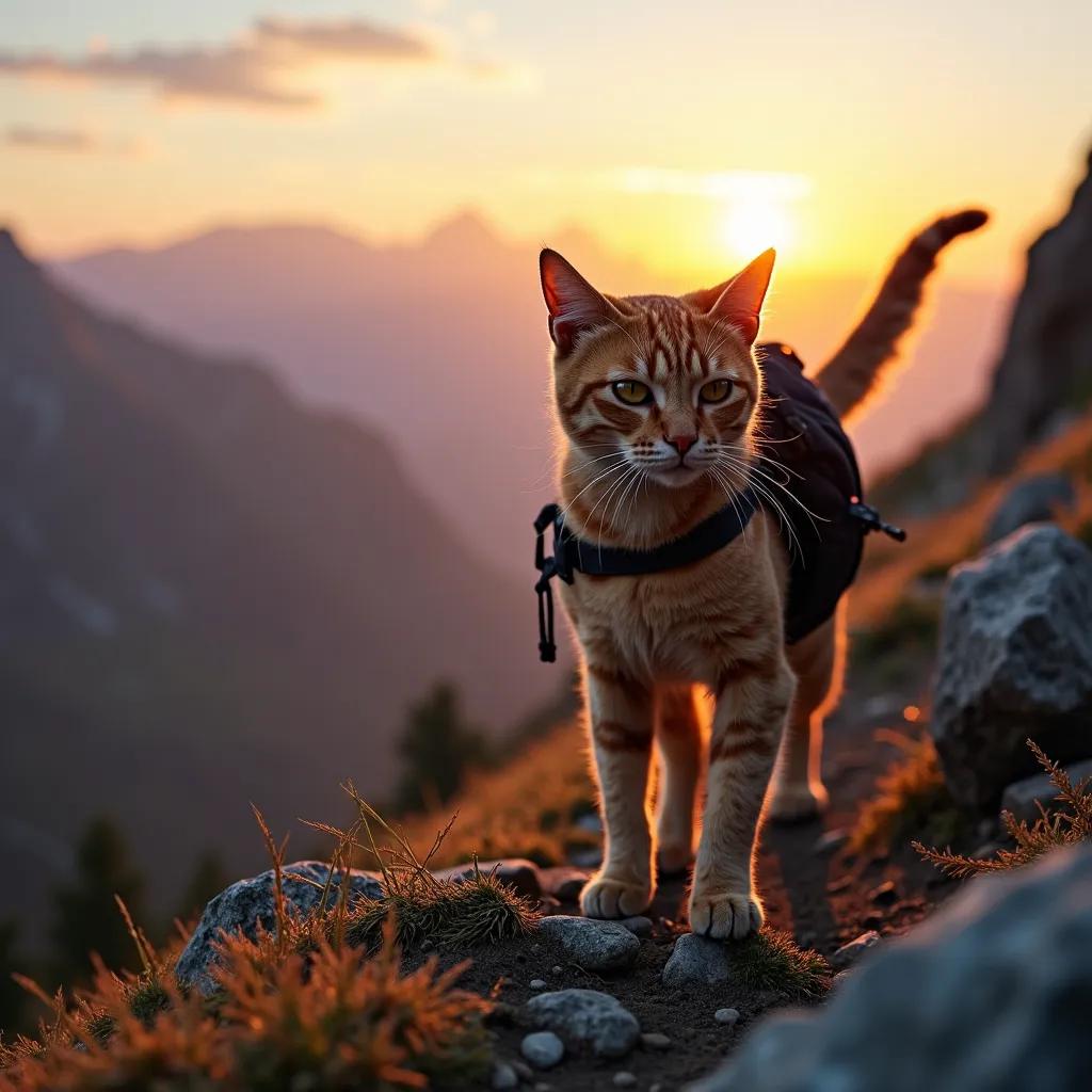 An AI photo of a brave tabby cat surveying the mountain landscape, silhouetted against a golden sunset, ready for its next hiking expedition.