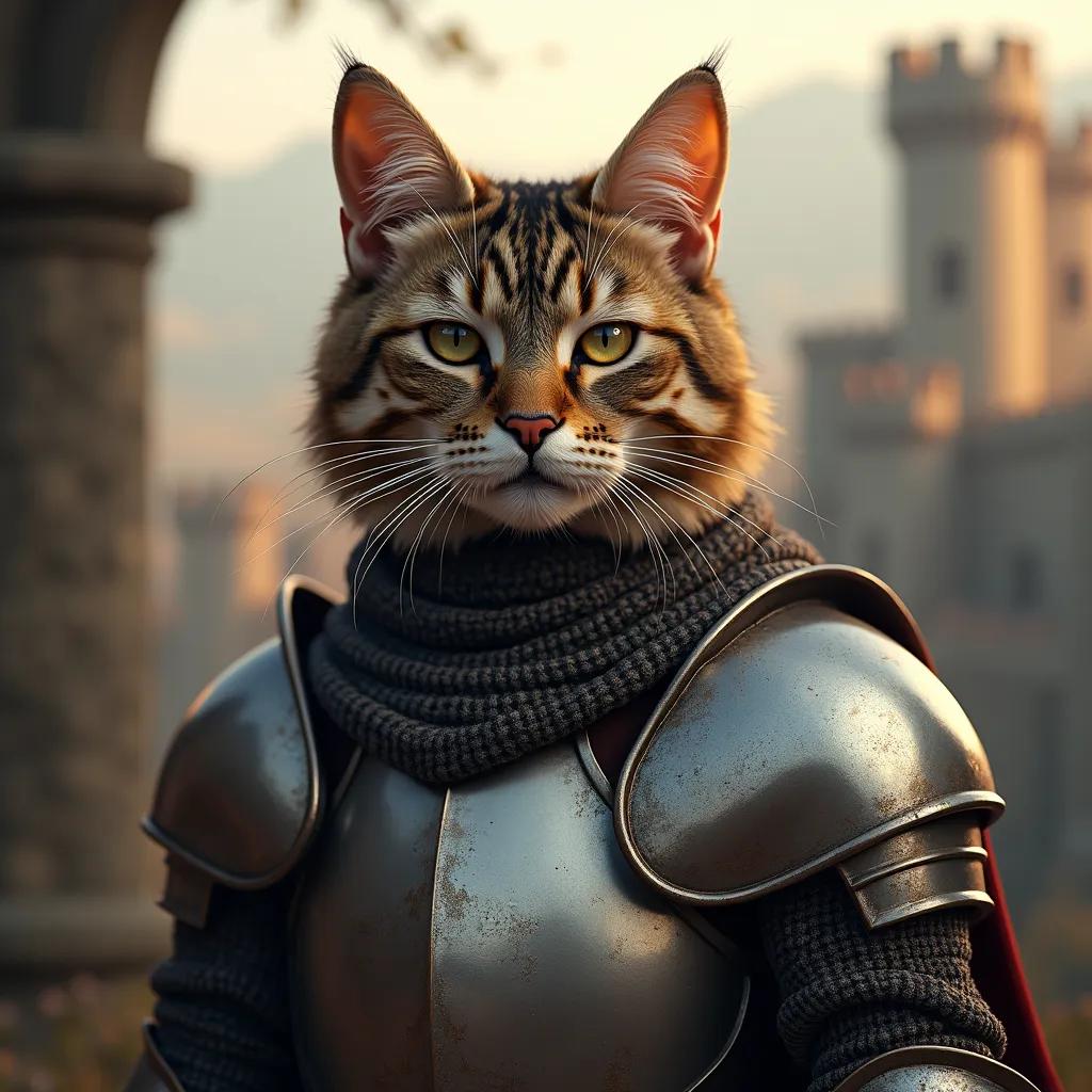 Renaissance style photo of a tabby cat dressed as a medieval knight, wearing chainmail, armor plates, and a knitted scarf. A castle tower is visible in the soft-focus background.