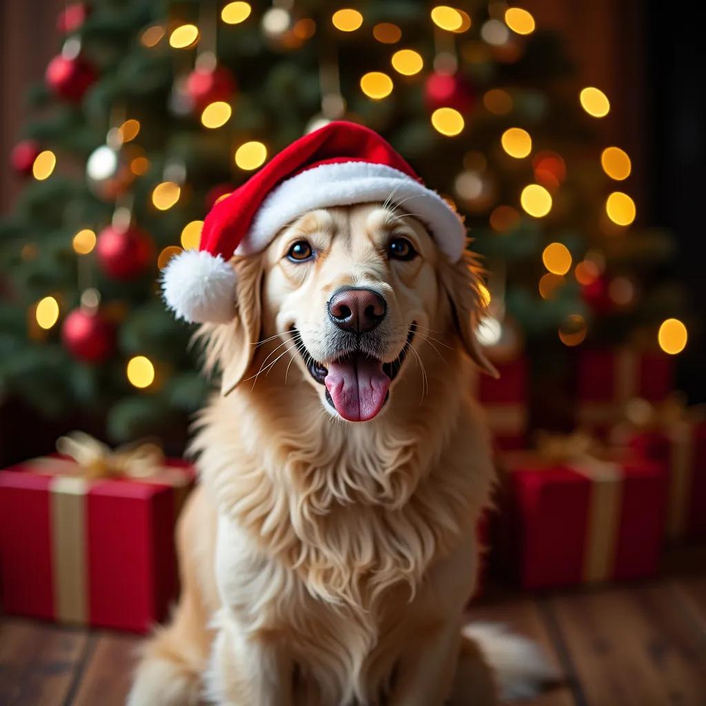 Holiday style pet photo of a Golden Retriever wearing a Santa hat, sitting in front of a Christmas tree with bokeh lights and wrapped presents. The dog is smiling with a joyful expression.