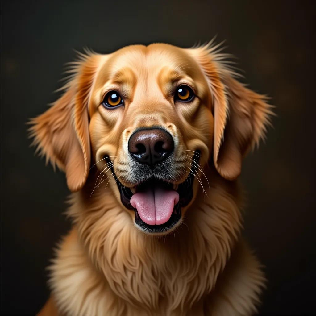 Oil painting of a Golden Retriever with detailed fur texturing. The portrait features a dark background, professional lighting, and captures the dog's warm, friendly expression.