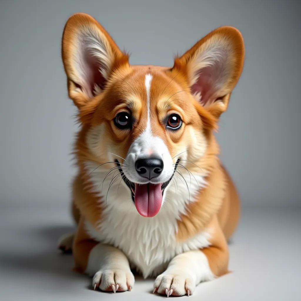 Studio portrait of a Pembroke Welsh Corgi on a neutral grey background. The portrait captures the dog's characteristic fox-like face, prominent ears, and happy expression with tongue out.